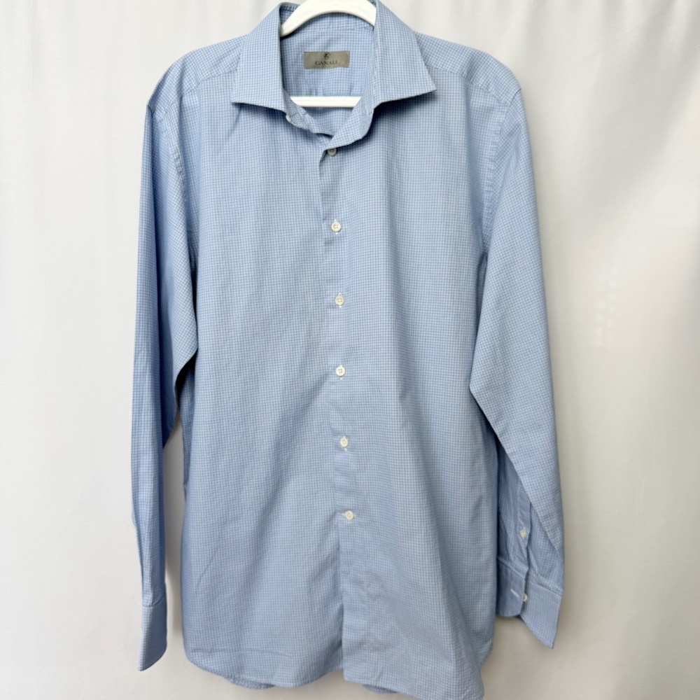 NWOT Canali Men’s Luxury Italian Shirt Sky Blue Checkered Dress Shirt, L